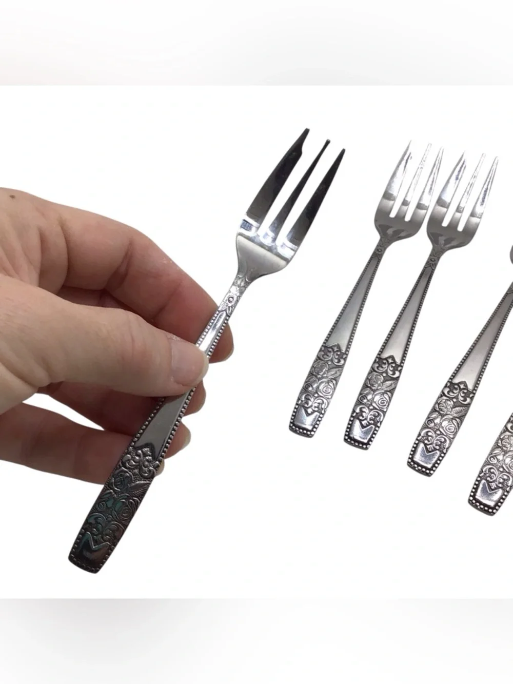 Vintage Rostfrei Germany Dessert Cocktail Forks Set of 5 Ornate Rose 5.75”.